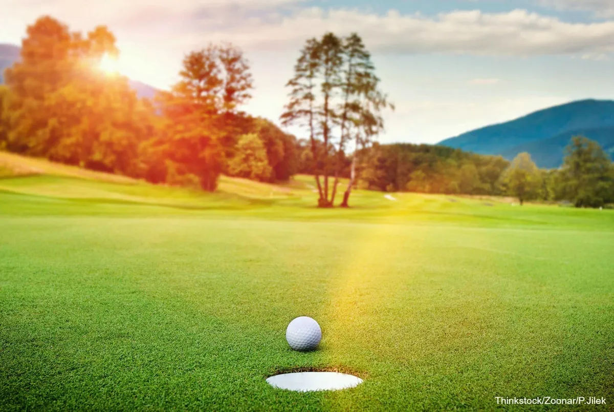 An outdoor scene set on a vibrant green golf course with a golf ball near the hole, bordered by mature trees and distant mountain views. The peaceful backdrop is ideal for friendly competition or relaxed outdoor moments.